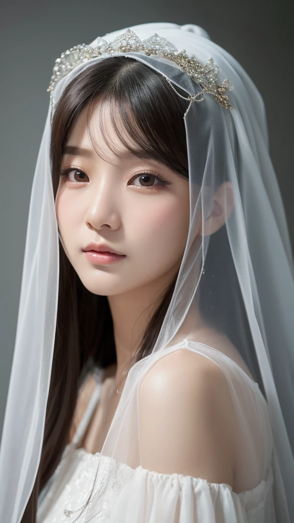 a close up of a woman with a veil on her head, neo-dada, hyperrealism, inspired by Li Rongjin, portrait of female korean idol, asian female, cgsociety 9, asian human, korean face features