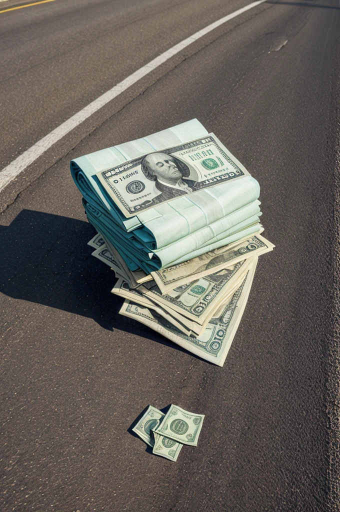 A bundle of real money lying on the real road.