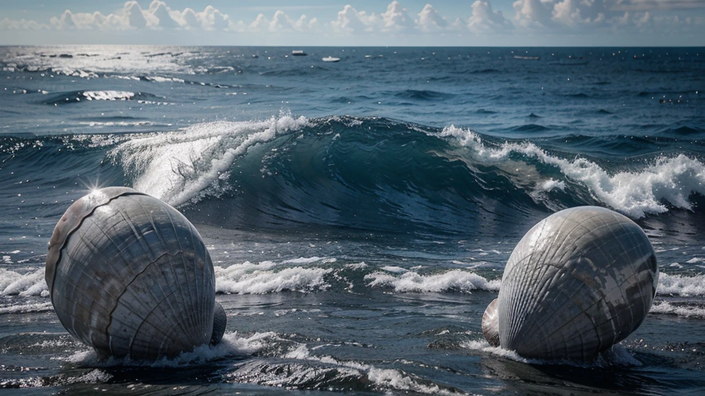 Marine shells with a tough gray nacreous surface set against an open ocean background with a vertical orientation perfect for a copy space image