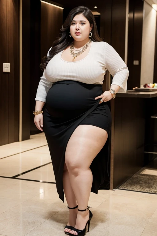 140kg extremely obese woman, large stomach, mini skirt, high heel, necklace, earring, bracelet