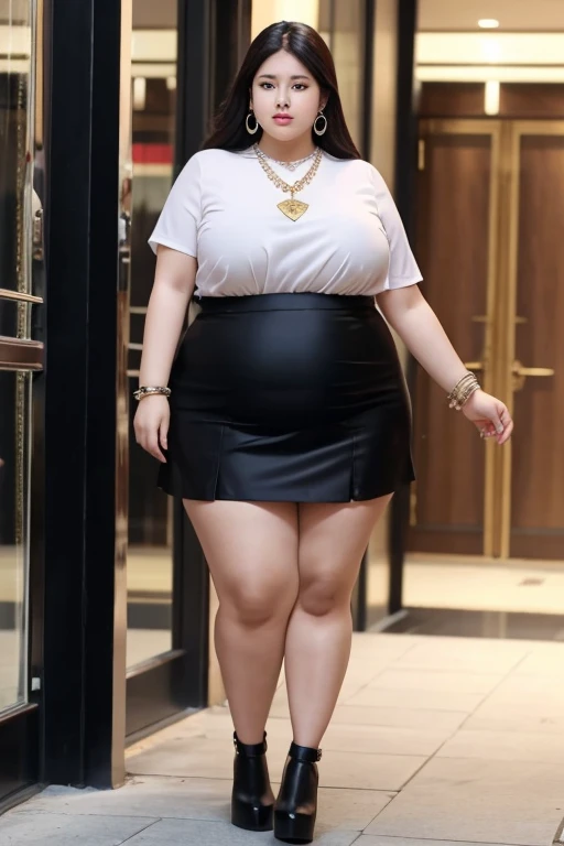 140kg extremely obese woman, large stomach, mini skirt, high heel, necklace, earring, bracelet