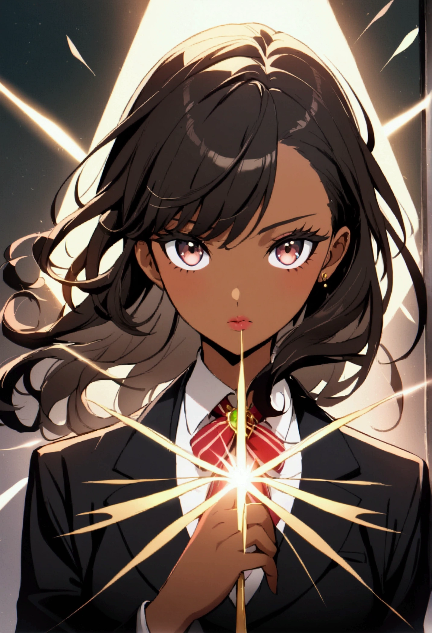 1 girl, (dark skinned:1.2), school girl, school class background, modern anime style, facing the viewer, upper body 