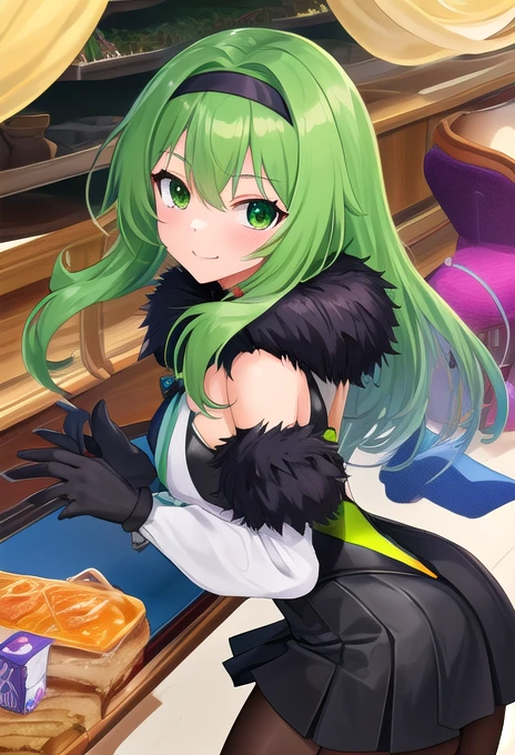 score_9, score_8_superior, score_7_superior, sauce_Anime BREAK 1 Girl, alone, Kilo, Green Eyes, Green Hair, Long Hair, hair band, Black Hair Ribbon, Fur trim, Grey leotard, black sleeves, Long sleeve, Black Skirt, pantyhose, gloves