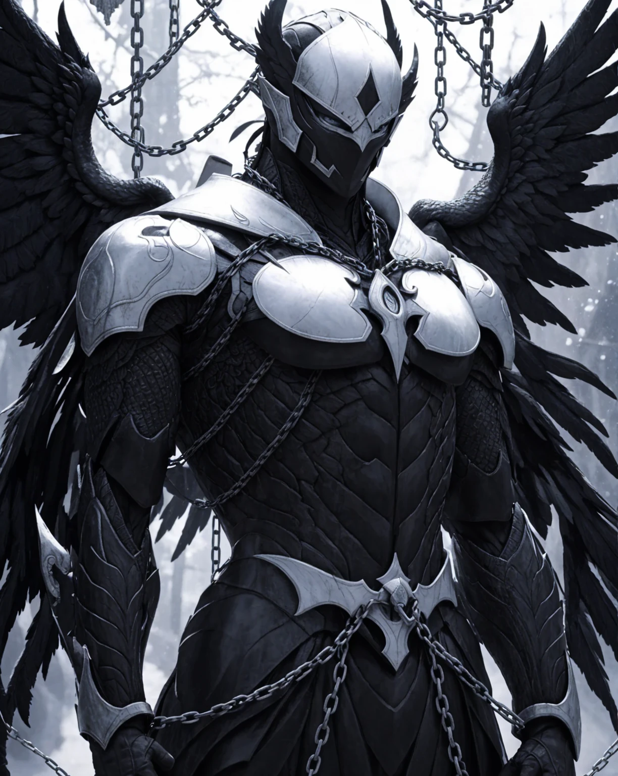 Realistic, with intricate details. real photo.a man with mystical black and white armor. use chains. has dark wings