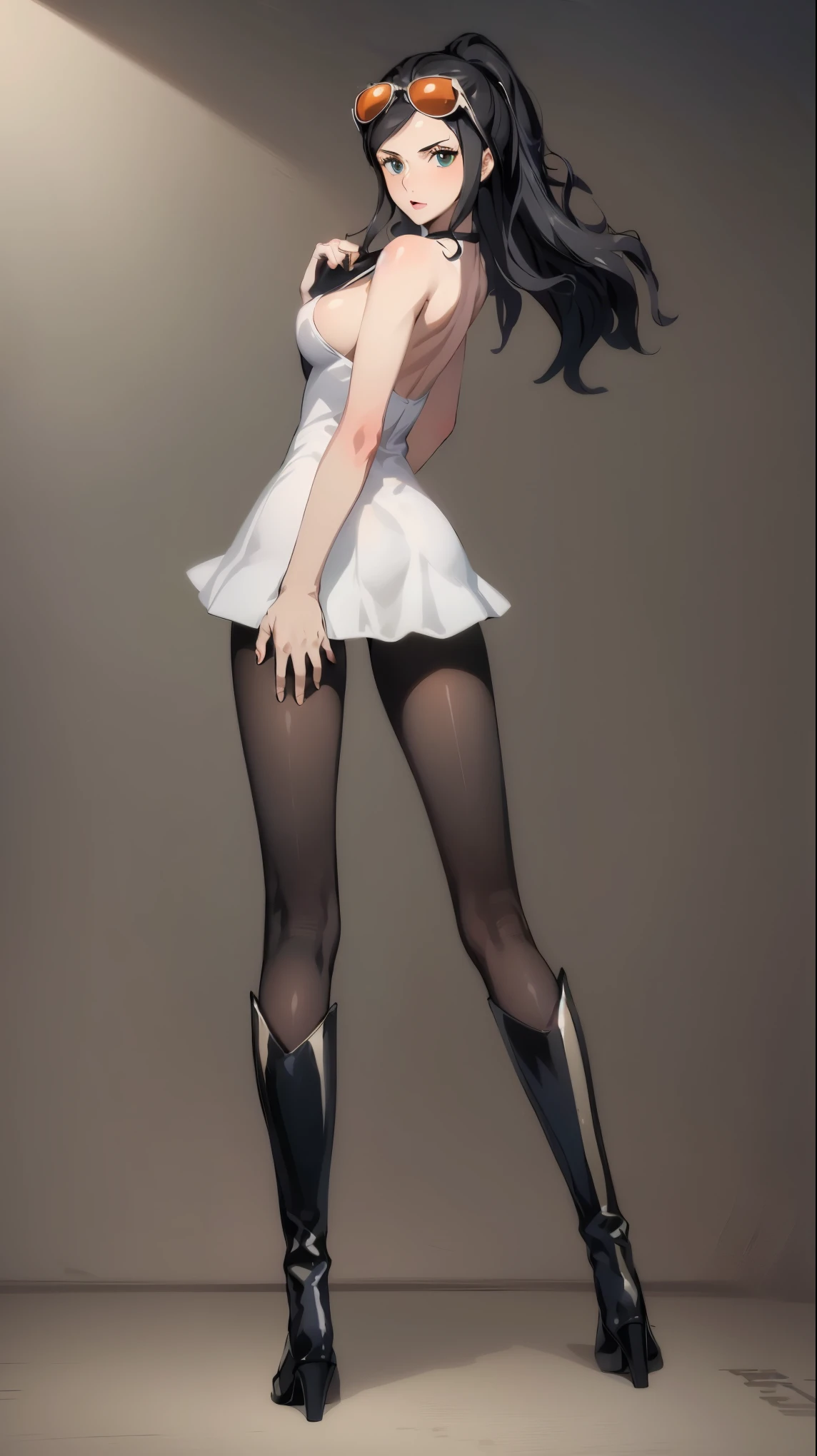 1girl, solo, boots, eyewear on head, black hair, dress, high heels, sunglasses, short dress, long hair, looking back, breasts, ponytail, nico robin, legs,medium_breasts,sideboob