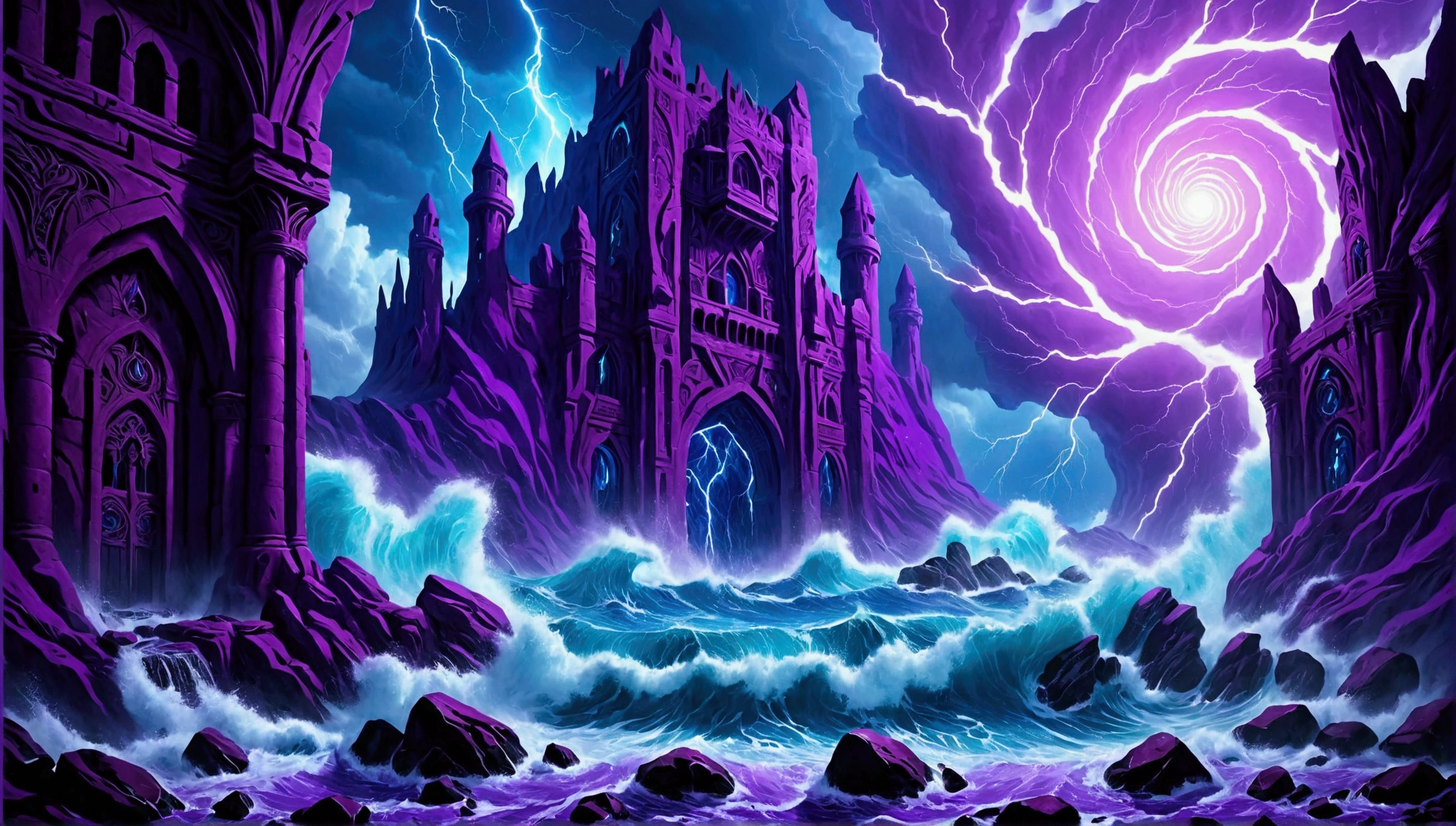 (Mysterious eerie citadel with intricate architecture:1.2) on rocks of tropical island))), crushing waves, purple-blue (otherworldly:1.2) thunderstorm (with sky portal:1.2), masterpiece in maximum 16K resolution, best quality, ultra detailed, aesthetics, absurdes.
