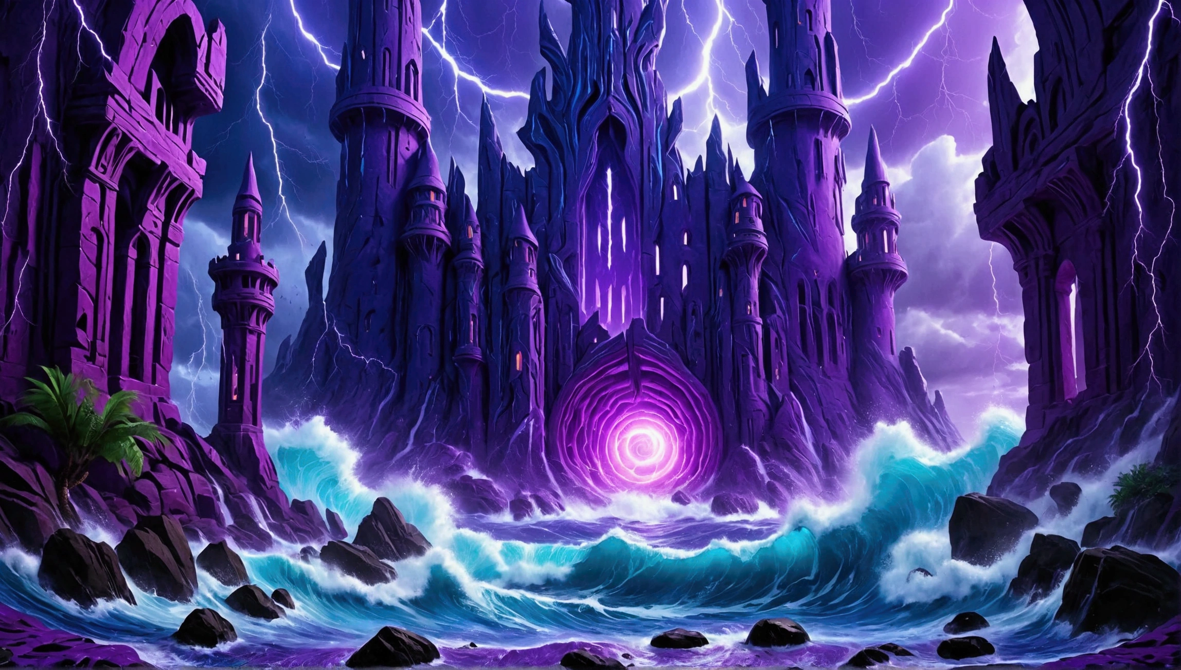 (Mysterious eerie citadel with intricate architecture:1.2) on rocks of tropical island))), crushing waves, purple-blue (otherworldly:1.2) thunderstorm (with sky portal:1.2), masterpiece in maximum 16K resolution, best quality, ultra detailed, aesthetics, absurdes.
