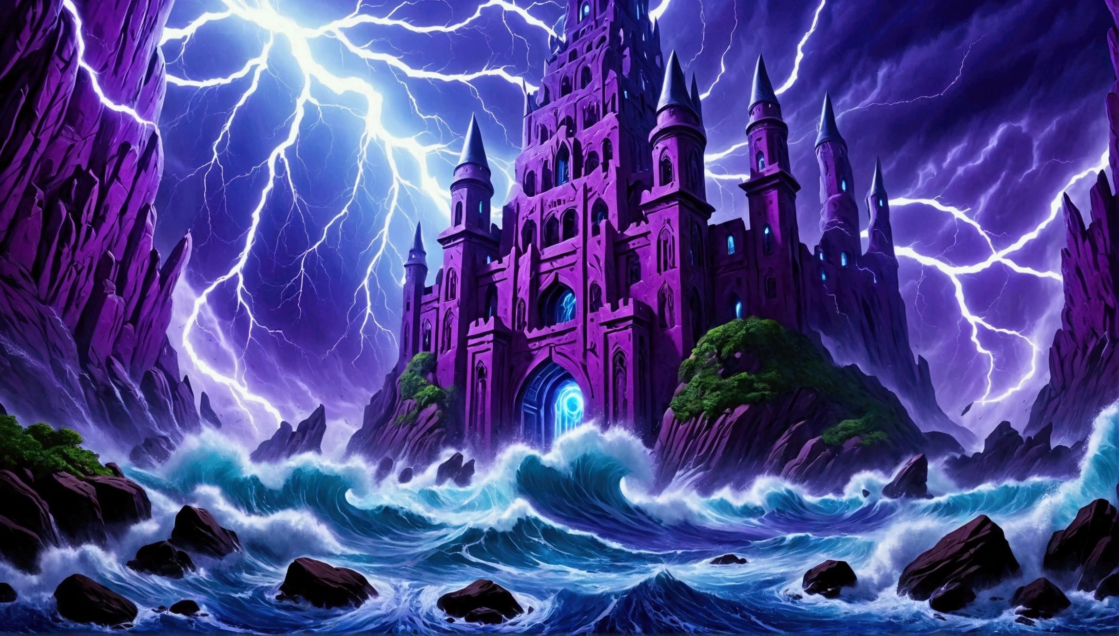 (Mysterious eerie citadel with intricate architecture:1.2) on rocks of tropical island))), crushing waves, purple-blue (otherworldly:1.2) thunderstorm (with sky portal:1.2), masterpiece in maximum 16K resolution, best quality, ultra detailed, aesthetics, absurdes.
