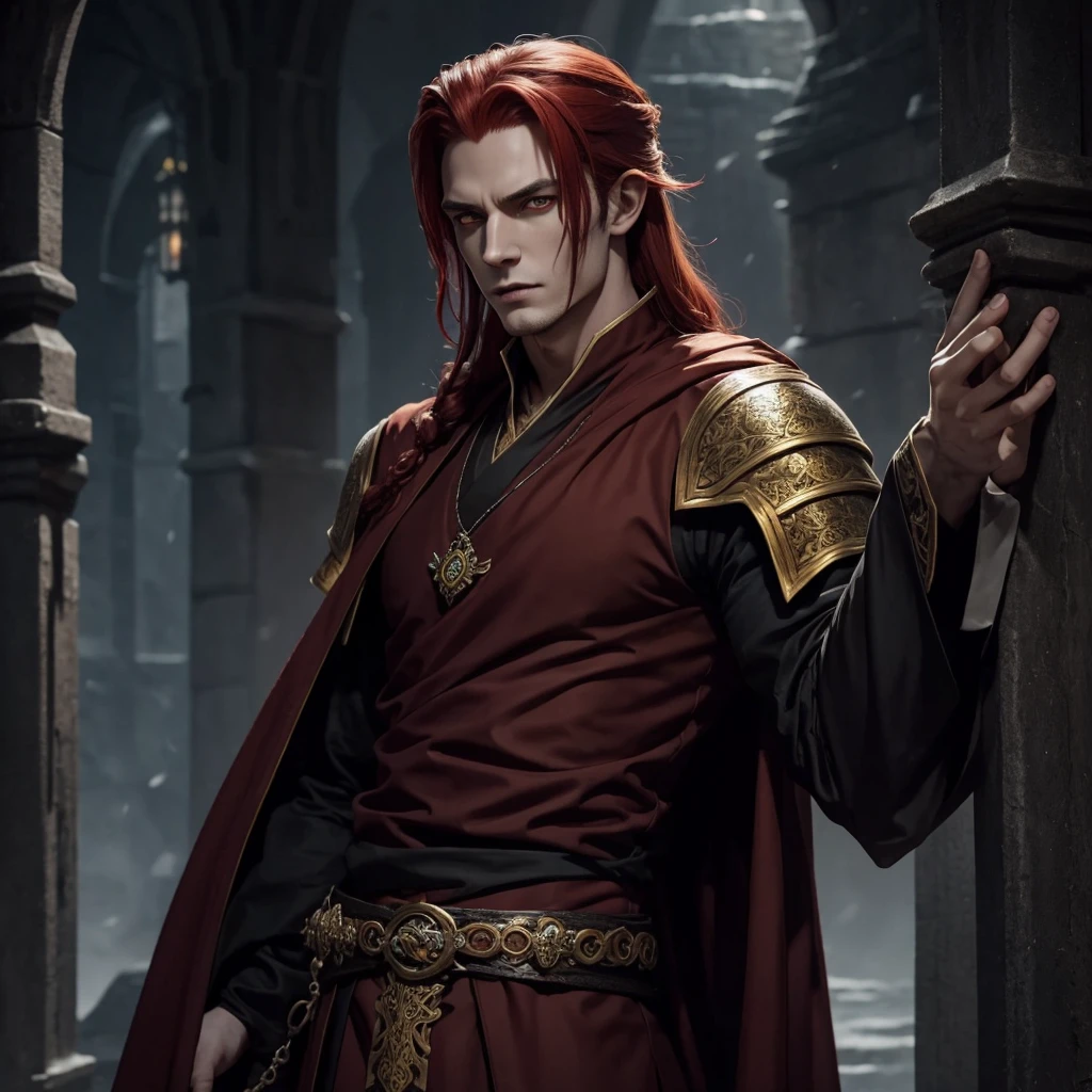 draw Lucien Vanserra, Feyre's loyal friend in "ACOTAR," long red hair, yellow eye, with fight marks, and darker skin