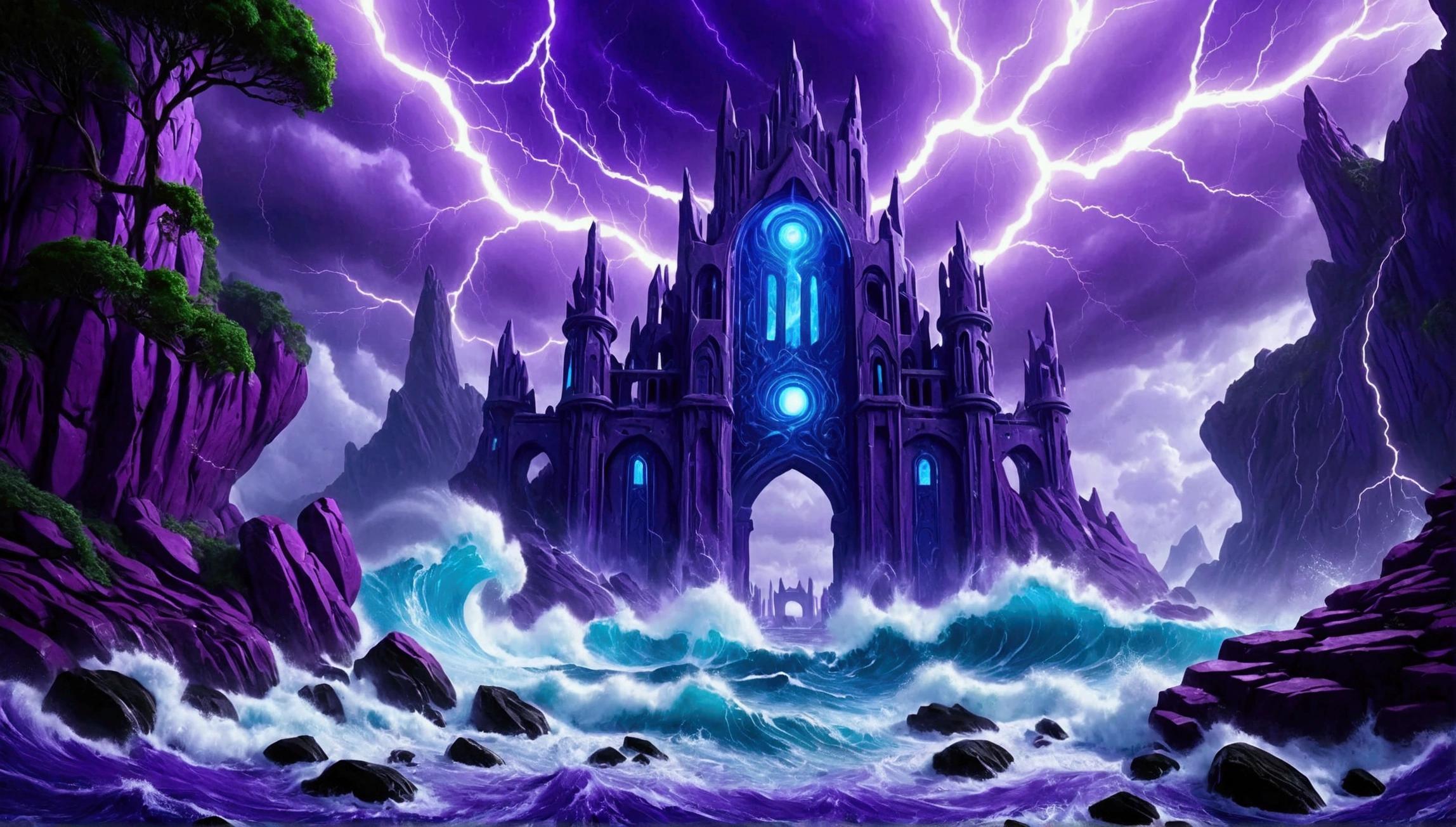 (Mysterious eerie citadel with intricate architecture:1.2) on rocks of tropical island))), crushing waves, purple-blue (otherworldly:1.2) thunderstorm (with sky portal:1.2), masterpiece in maximum 16K resolution, best quality, ultra detailed, aesthetics, absurdes.
