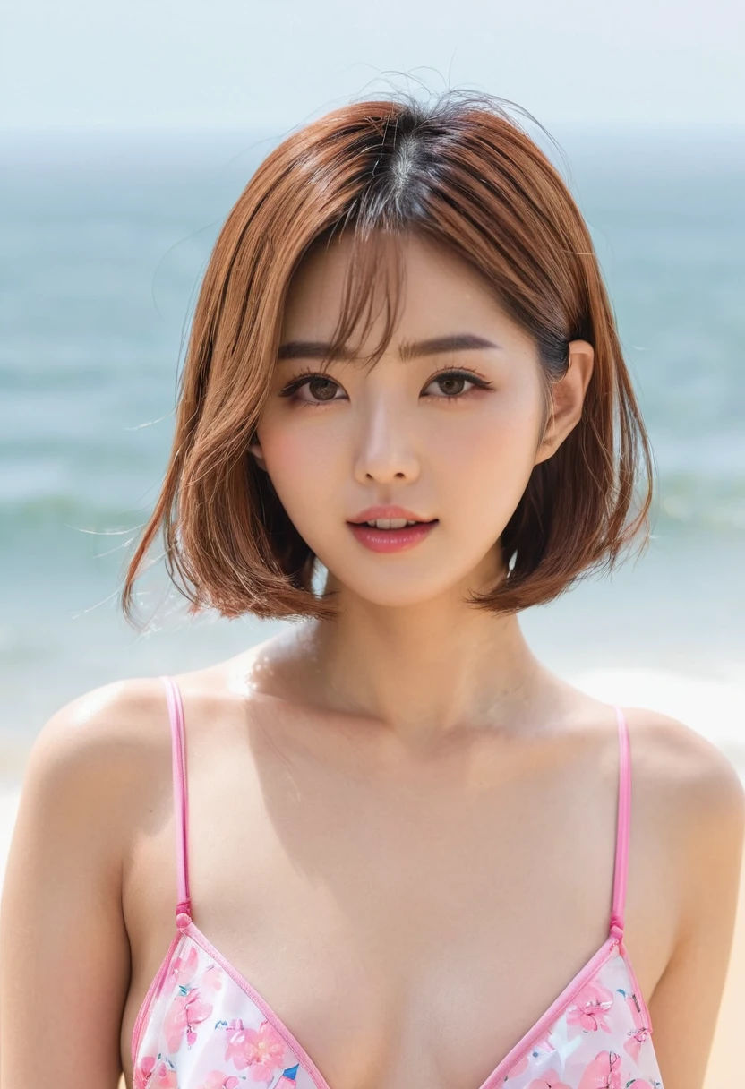 23 years old Japan Beauty women Shinjuku full body Light brown hair high resolution Uncle Preference Cute Straight bob Glossy face Wet and shiny skin, beach lingerie Deep border of writing Pointed pale pink mouth collarbone B beautiful fingers beach background