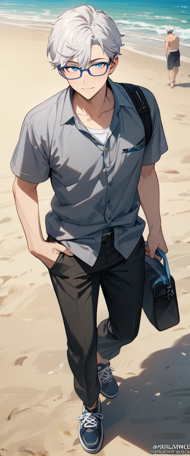1 male, short hair, white hair, blue eyes, ager, beach, glasses, teacher, Soft boy face, handsome (best quality,4k,highres,masterpiece:1.2), fullbody