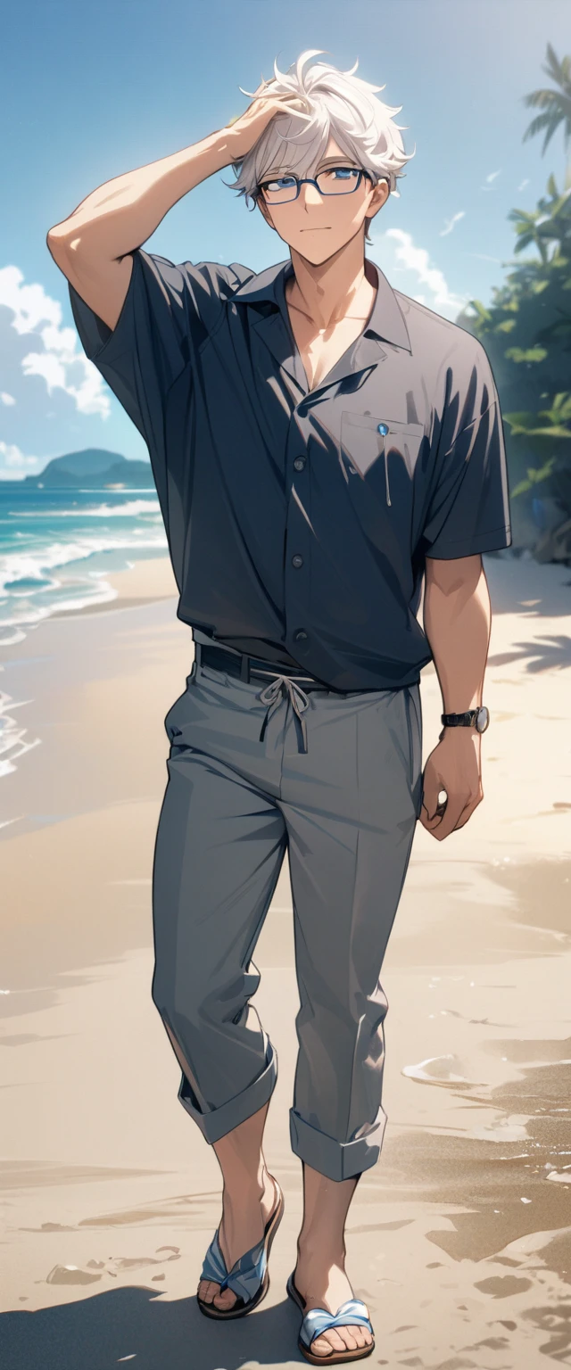 1 male, short hair, white hair, blue eyes, ager, beach, glasses, teacher, Soft boy face, handsome (best quality,4k,highres,masterpiece:1.2), fullbody
