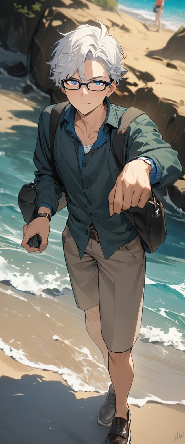 1 male, short hair, white hair, blue eyes, teenager, beach, glasses, teacher, Soft boy face, handsome (best quality,4k,highres,masterpiece:1.2), fullbody