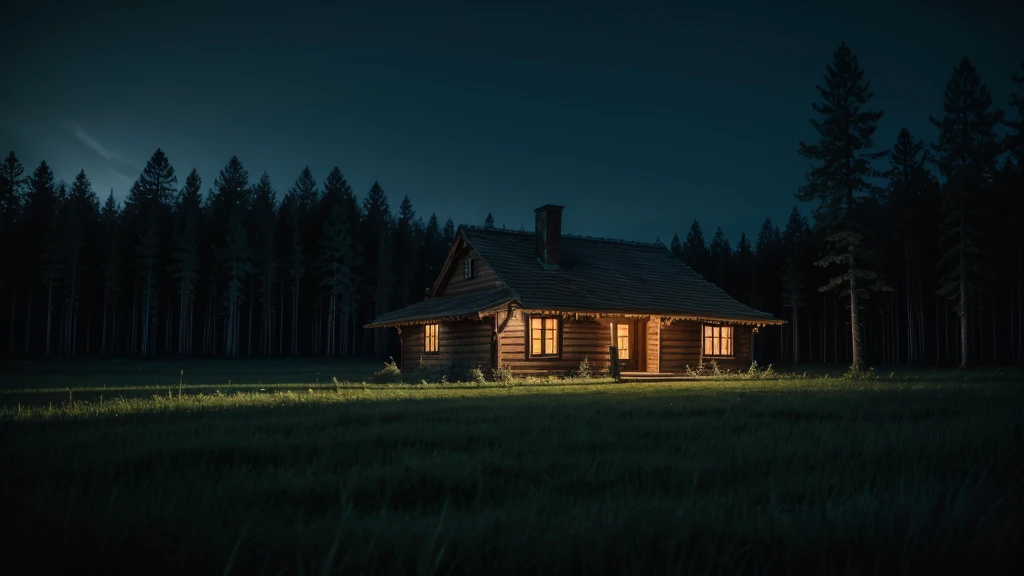 NIGHT FOREST WITH A HOUSE IN THE MIDDLE WITH TERROR ATMOSPHERE