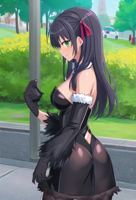 score_9, score_8_superior, score_7_superior, sauce_Anime BREAK 1 Girl, alone, Kilo, Green Eyes, Green Hair, Long Hair, hair band, Black Hair Ribbon, Fur trim, Grey leotard, black sleeves, Long sleeve, Black Skirt, pantyhose, gloves