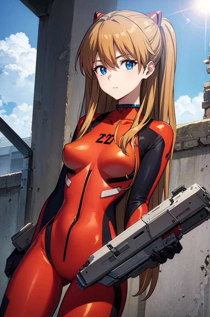 asukalangley, asuka langley soryu, (souryuu asuka langley:1.2), long hair, bangs, blue eyes, brown hair, hair ornament, BREAK bodysuit, pilot suit, plugsuit, (red bodysuit:1.5), interface headset, BREAK outdoors, city, sky, clouds, sun, BREAK looking at viewer, (cowboy shot:1.5), BREAK (masterpiece:1.2), best quality, high resolution, unity 8k wallpaper, (illustration:0.8), (beautiful detailed eyes:1.6), extremely detailed face, perfect lighting, extremely detailed CG, (perfect hands, perfect anatomy), big breasts