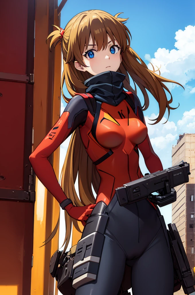 asukalangley, asuka langley soryu, (souryuu asuka langley:1.2), long hair, bangs, blue eyes, brown hair, hair ornament, BREAK bodysuit, pilot suit, plugsuit, (red bodysuit:1.5), interface headset, BREAK outdoors, city, sky, clouds, sun, BREAK looking at viewer, (cowboy shot:1.5), BREAK (masterpiece:1.2), best quality, high resolution, unity 8k wallpaper, (illustration:0.8), (beautiful detailed eyes:1.6), extremely detailed face, perfect lighting, extremely detailed CG, (perfect hands, perfect anatomy), big breasts