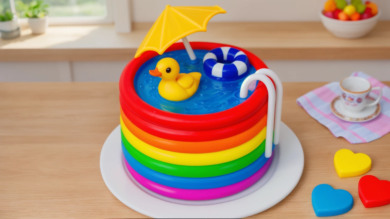 on a wooden table. there is a white plate. rainbow cake IMITATING POOL, RAINBOW MASTIC STRIPES. blue water. plastic duck toy. nearby is a lifebuoy made of polymer clay, two white railings for the stairs, YELLOW PLASTIC UMBRELLA. on the table there is a pink checkered tablecloth with a cup on a plate, there are candy hearts on the table next to them, against the background of the kitchen, against the background of the window, Fruit basket, vase with Flowers, Beautiful light from the window, contour light, Multiple light sources, beautiful sunlight, Bright light source, bright lighting, beautiful light sources, Multiple light sources, Realistic style , realistic texture, detailed texture, a high resolution, high quality
