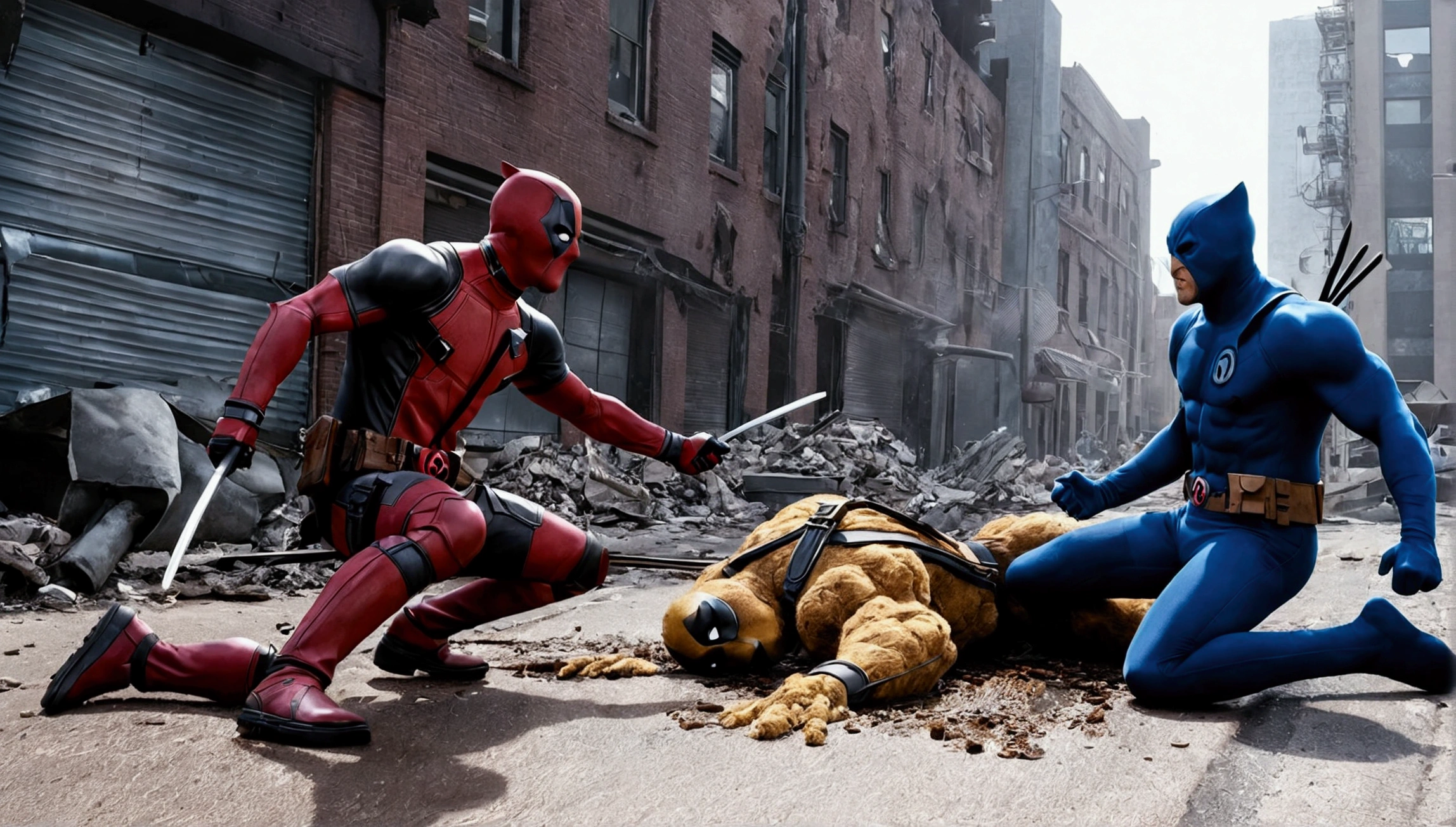 Very detailed,Deadpool and Wolverine vs. Fantastic Four,Intricate details,Collapsed streets