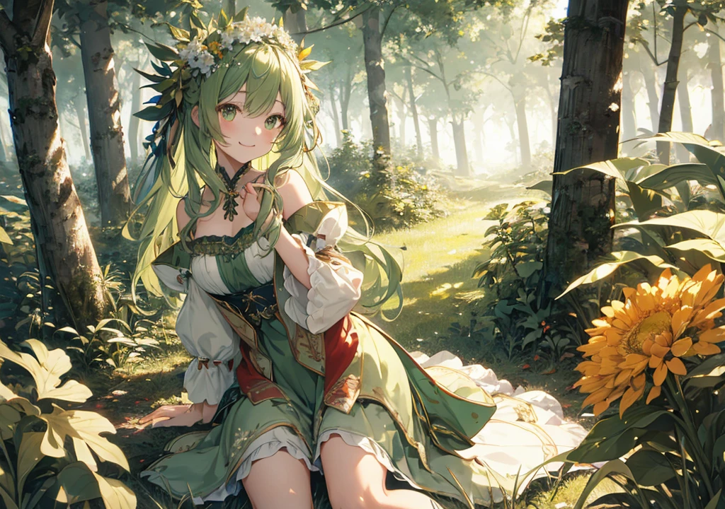 Realistic photos, Focus distance 10mm, Red and white, A big smile, Beautiful girl, Realistic photos, Focus distance 10mmで撮影, masterpiece, 最high quality, high quality, Very detailed CG 8k wallpaper unit, Award-winning photography, Depth of written boundary, High resolution, bloom, chromatic aberration, Realistic, Very detailed, Art Station Trends, CGsociety Trends, Complex, High detail, dramatic, Art on the go, volumetric lighting, game「Tales」Series Image, Long green hair with a flower crown、A nature-loving forest fairy-like girl。Wearing a soft green dress