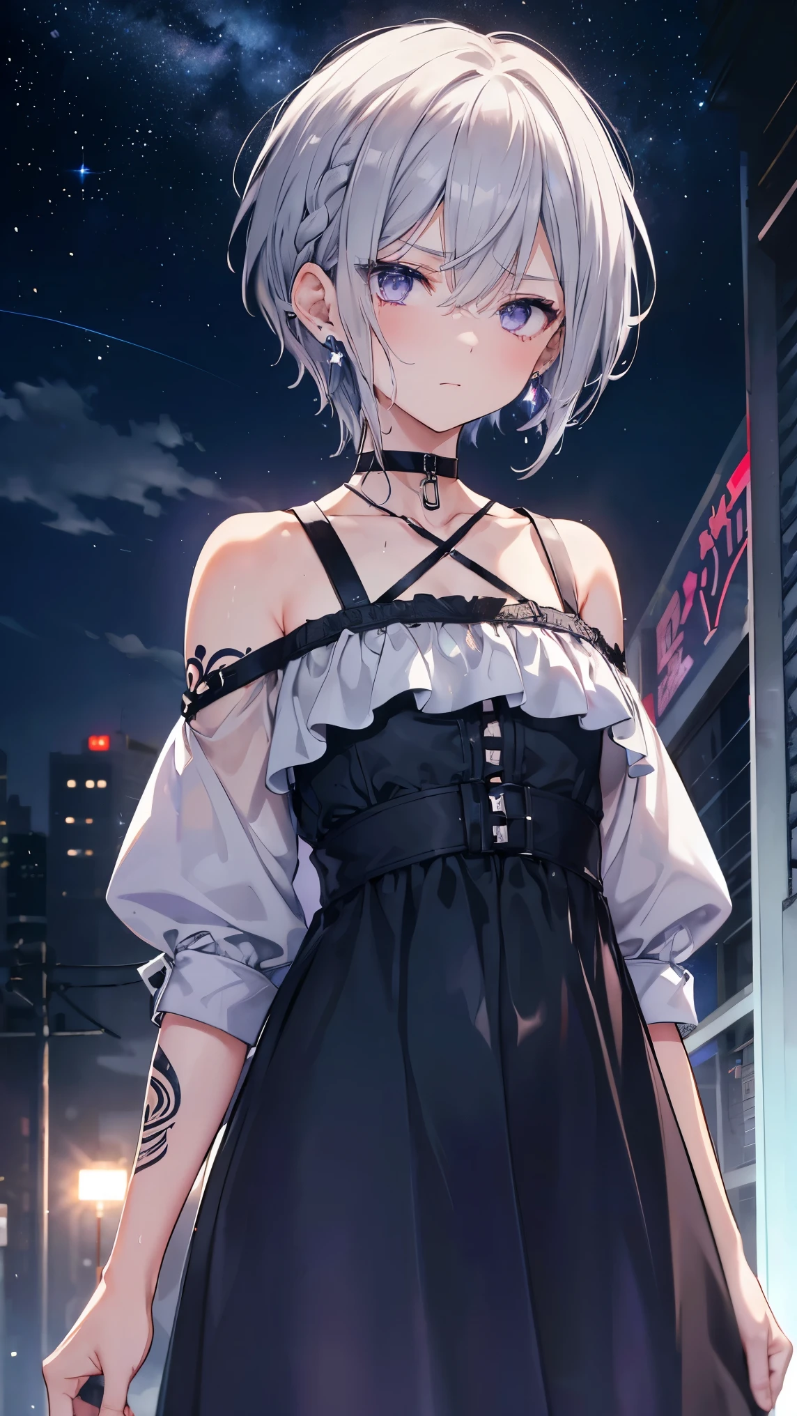 masterpiece,highest quality,High resolution,super detailed,Oh Ginko,short hair,bangs,hair between eyes,black hair band,snowflake hair ornament,black choker,night,street,Are standing,off shoulder sweater,????? neck,bare clavicle,bare shoulders,shorts,black pantyhose,winter,cold sky,(masterpiece:1.2), highest quality, High resolution, unity 8k wallpaper, (shape:0.8), (beautiful and detailed eyes:1.6), highly detailed face, perfect lighting, Very detailed CG, (perfect hands, perfect ???????),