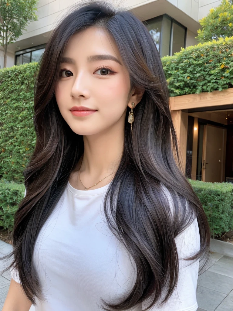 ((best qualityer, 8K, work of art: 1.3)), 1 girl, pretty, Longhaire black, Asian, estilo selfie