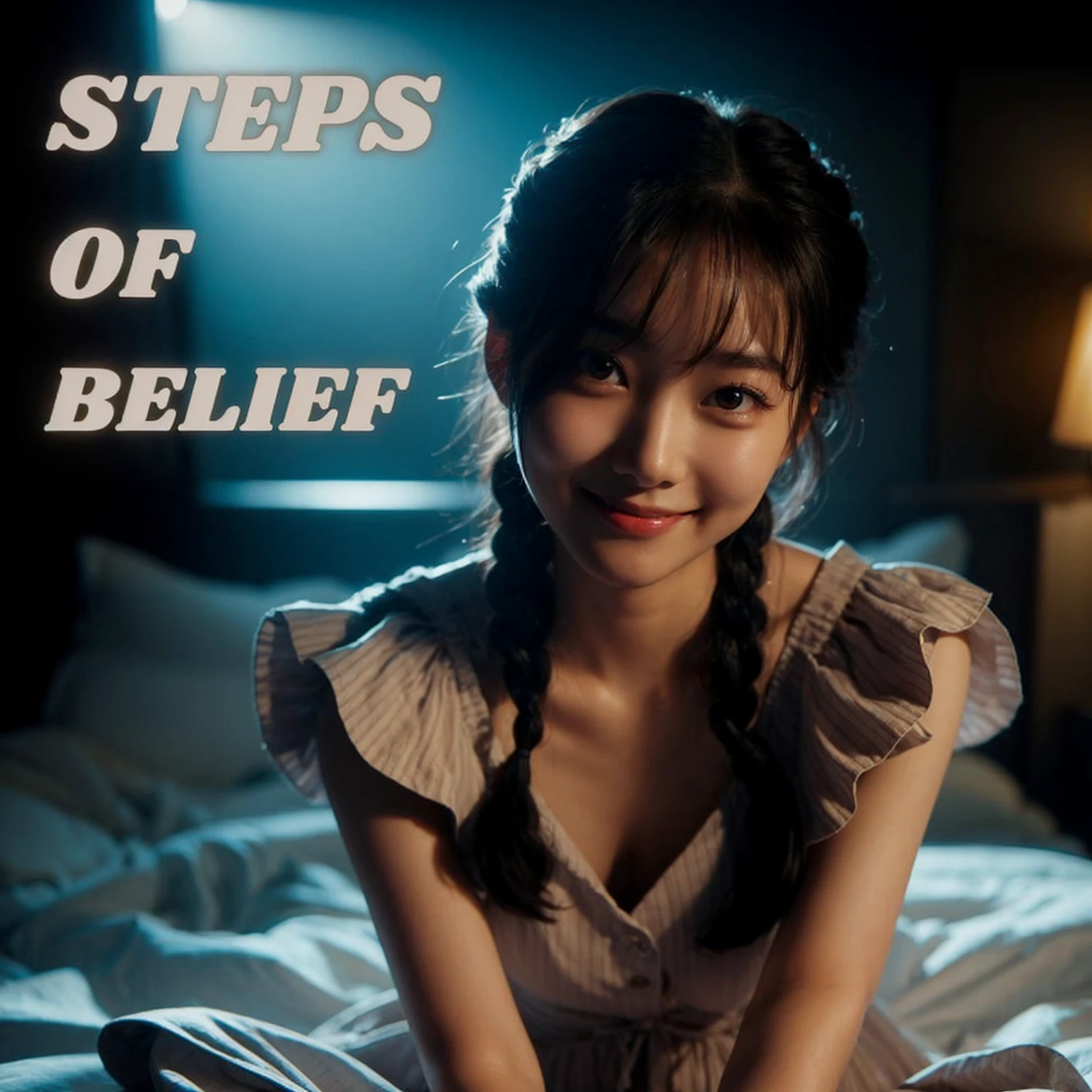 close up A young Korean woman in a dress sits on a bed, propped up, smiling at the camera. Her hair is styled in two braids with bangs. The dim lighting creates a calm bedroom atmosphere, with the spotlight focused on her. The shot is vivid and captures the essence of a cinematic masterpiece in HDR.