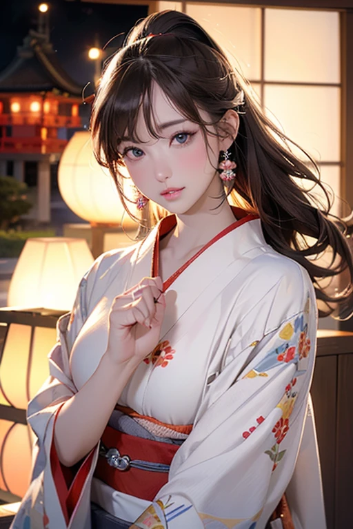 (Official Art、Highest quality、Unity 8k wallpaper、masterpiece、Ultra-high resolution)、Slender、Ample breasts、Highly detailed background、Beautiful girl in yukata、(Highly detailed face and eyes、Beautiful Face、Beautiful Eyes、Beautiful nose、Pretty lips)、Intimate Relationships、A friendly gaze、Japanese garden、Cowboy Shot、moonlight、Autumn scenery、