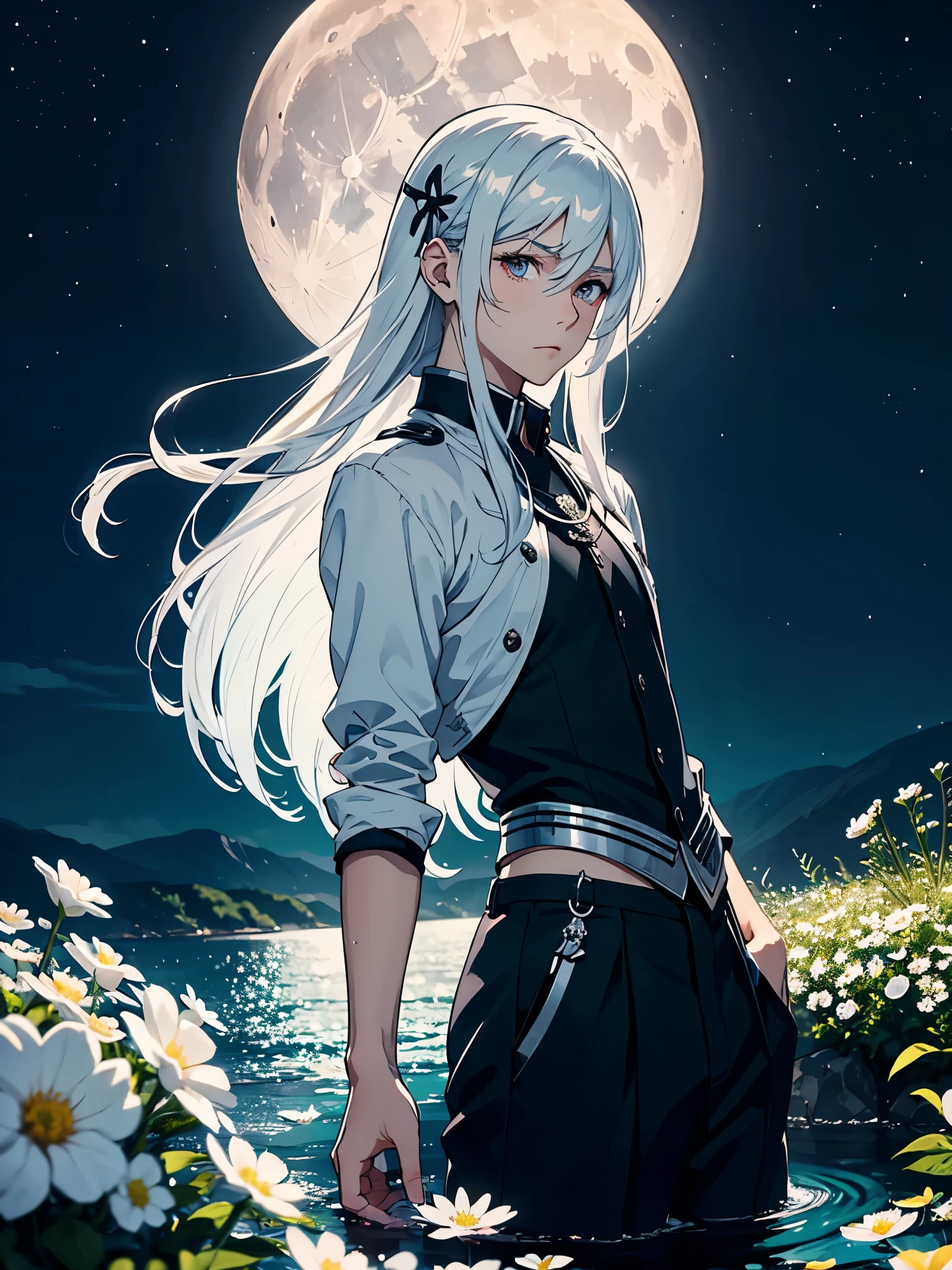 Mit Rock. Im Kleid. Blut. Engel. Viele weoße vögel. More anime. light blue light. Bright bright light. magical. Moon. White flowers. male. Long hair. long white hair. aquatic, boy, God of the Moon, silver hair accessories, White hair.