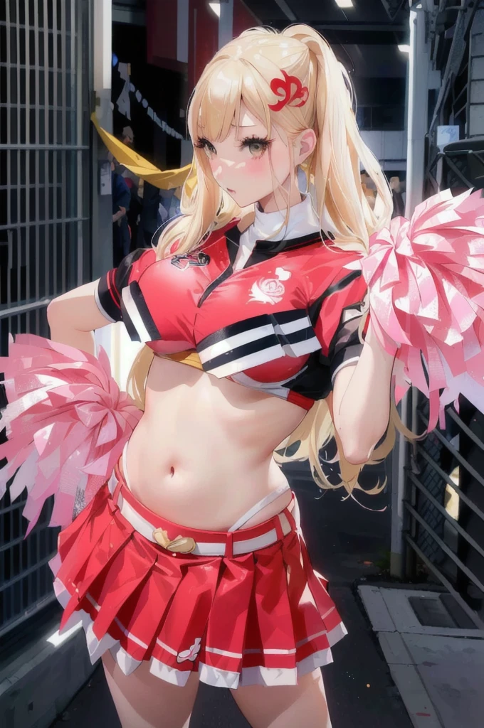 blond haired woman in a cheerleader outfit posing for a picture, anime girl cosplay, anime cosplay, cosplayer, ayaka cosplay, cosplay, cosplay photo, cosplayer dressed like a crab, ann takamaki from persona 5, junko enoshima, sakimi chan, publicity cosplay, yukii morita, professional cosplay, yami kawaii, full-cosplay, haruno sakura