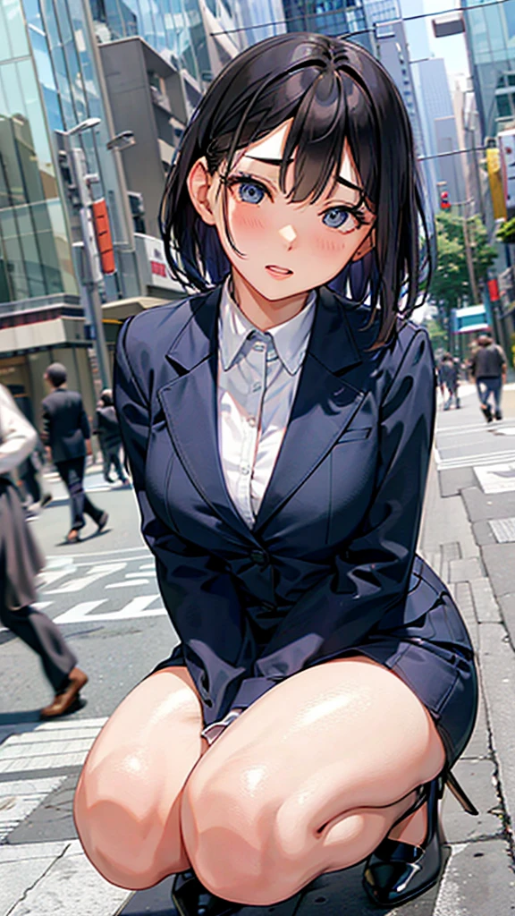 office Street,Skyscrapers in the background,blue sky,Kneel,masterpiece,quality,High resolution,高quality,Realistic,Random hairstyle,business suit,White collared shirt,whole body,Bangs,Ahegao,Big eyes,Embarrassed face,Leaning against a wall,Fair skin,Thighs,High heels:1.3,pantydrop:1.5