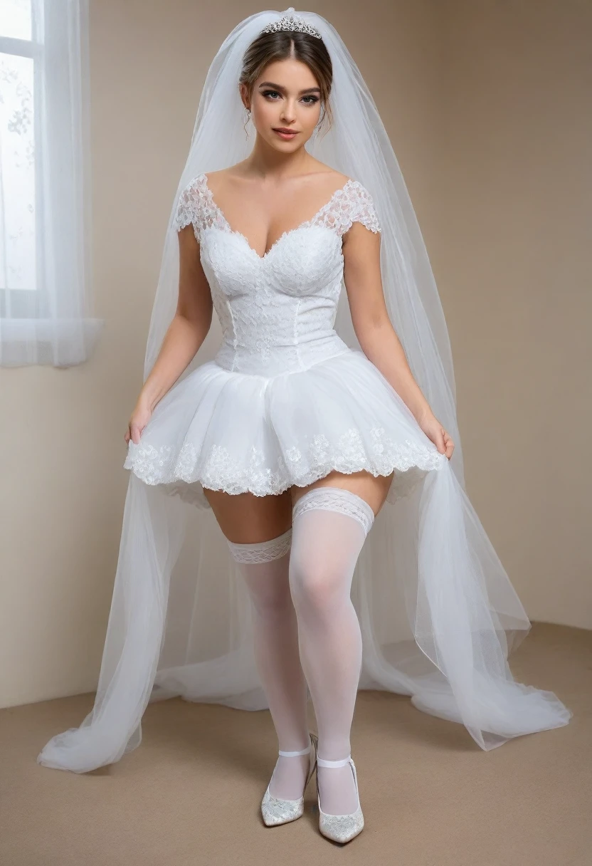 girl，bride，Wedding dress，Veil，Lift up your skirt，Squat，spread legs，White high heels，white stockings，white garters，necklace，earrings