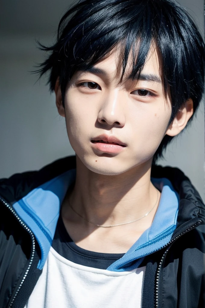 A Korean boy. Has a striking appearance with angular facial features and an energetic expression. His style often emphasizes dynamism and self-confidence. He has longer dark blue dyed hair.