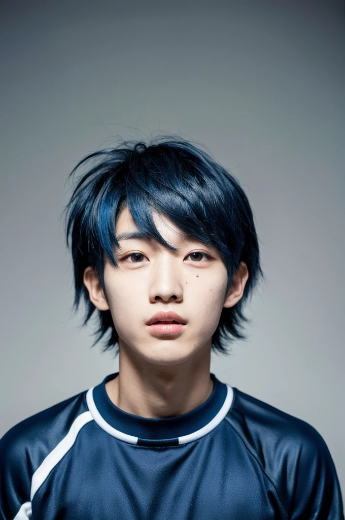 A Korean boy. Has a striking appearance with angular facial features and an energetic expression. His style often emphasizes dynamism and self-confidence. He has longer dark blue dyed hair.
