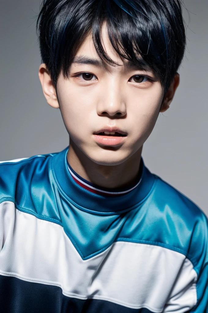 A Korean boy. Has a striking appearance with angular facial features and an energetic expression. His style often emphasizes dynamism and self-confidence. He has longer dark blue dyed hair.