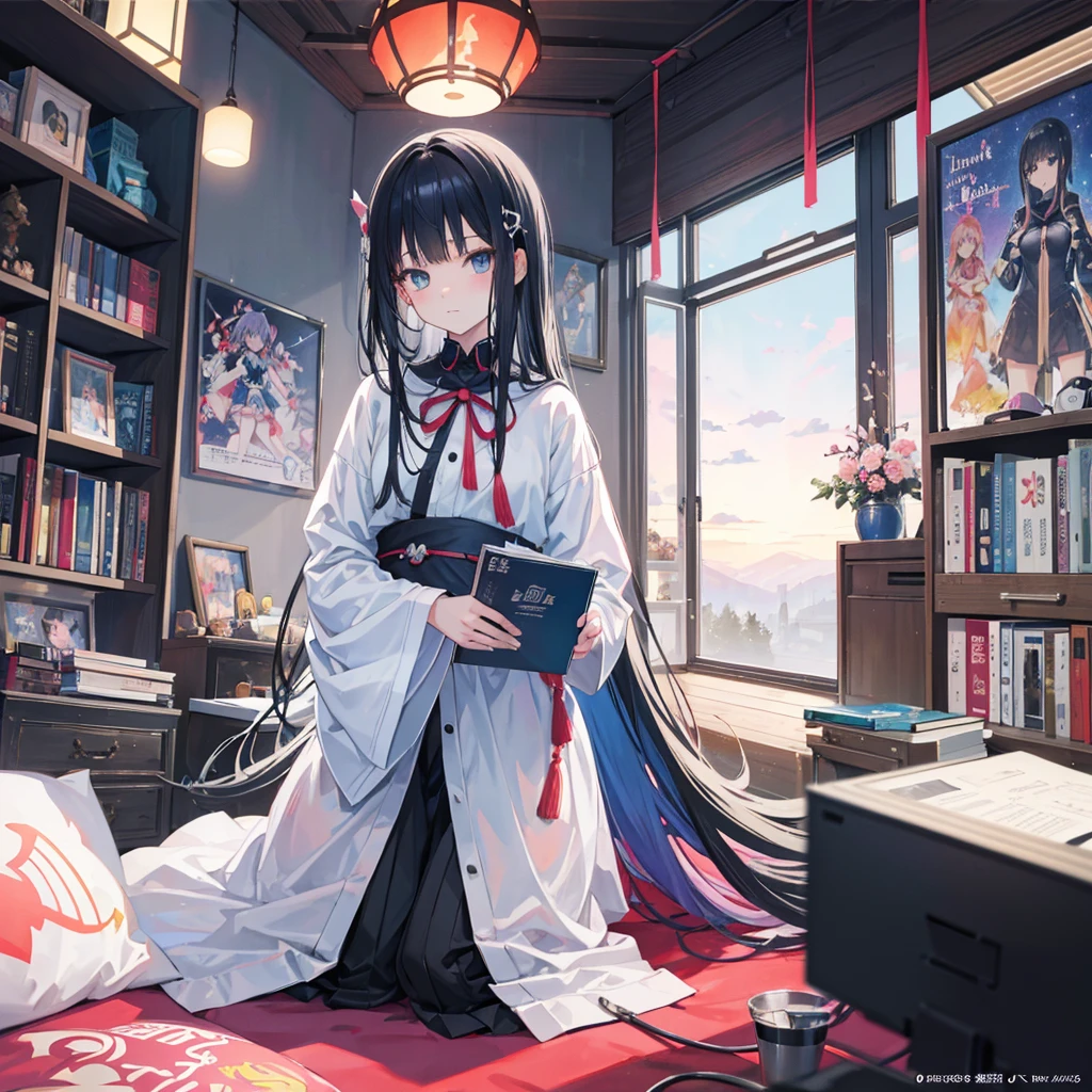 "Ultra-high resolution (8192K) watercolor illustration capturing the serene moment of a girl with straight black hair and blunt bangs relaxing in her otaku-themed room, blending hyper-realism with surreal elements to create an immersive geek paradise.
Central focus:
A young woman with a distinctive hairstyle - straight black hair with perfectly cut bangs (pacchin okappa style)
An intricately detailed otaku room filled with collectibles, manga, anime posters, and gaming paraphernalia
The girl in a relaxed pose, interacting with her surroundings in a way that blurs the line between reality and fantasy
Character details:
Hair rendered with impossible precision, each strand a miniature black river reflecting the room's colors
Eyes that contain entire anime worlds, with reflections of her favorite characters
Clothing that subtly incorporates otaku culture references in its patterns and textures
Room elements:
Walls covered in anime posters that seem to come to life at the edges
Bookshelves filled with manga, each spine a tiny masterpiece of typography and art
Figurine collections with impossible detail, some appearing to move when not directly observed
Gaming setup with screens displaying fractals of game worlds
Atmospheric effects:
Soft, warm lighting reminiscent of a cozy afternoon, with light particles visible in the air
Subtle motion blur effects suggesting the transition between reality and imagination
Time dilation effects visible in certain areas, hinting at the timelessness of otaku passions
Color palette:
Rich, vibrant colors associated with anime and manga, balanced with softer tones for a lived-in feel
Gradients that shift between real-world hues and fantastical color schemes
Strategic use of white space to highlight key elements and prevent visual overwhelm
Technique showcase:
Wet-on-wet techniques creating seamless transitions between real and imagined elements
Dry brush details for textures on figurines, manga pages, and the character's clothing
Controlled