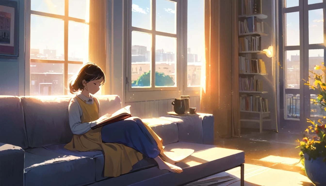 Girl sitting on sofa reading a book,In front of a large window,Morning sunlight,Streetscape