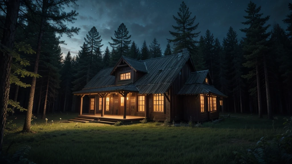 NIGHT FOREST WITH A HOUSE IN THE MIDDLE WITH TERROR ATMOSPHERE. LEAVE THE HOUSE RIGHT IN THE CENTER