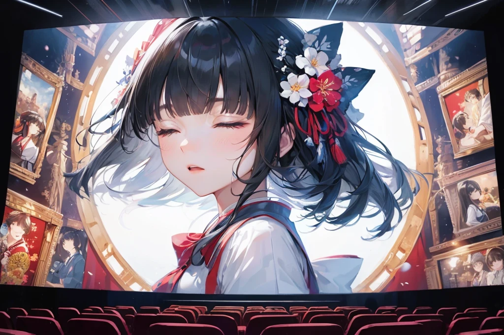 (Projection onto a cinema screen style), (solo:2, blunt bangs:1.3 black hair, sexy closed eyes actor shrine maiden girl is in cinema screen), break, double exposure beautiful girl in screen, BREAK, perfect anatomy, masterpiece, best quality, 16k, beautiful detailed cinema, daydreaming expression.