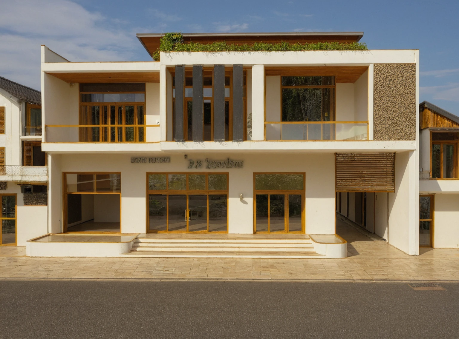 un rendu d&#39;un immeuble de deux étages avec un escalier menant à l&#39;avant, vue de face, perspective de face, vue de face, rendu détailléing, magasin très détaillé, vue en élévation de face, design extérieur, rendu architecturaling, bâtiment réaliste, rendu architectural, conception architecturale globale, concept architectural, rendu détaillé, vue de face, bâtiment faisant face, precise rendu architecturaling, rendu architectural 3D, immeuble de bureaux