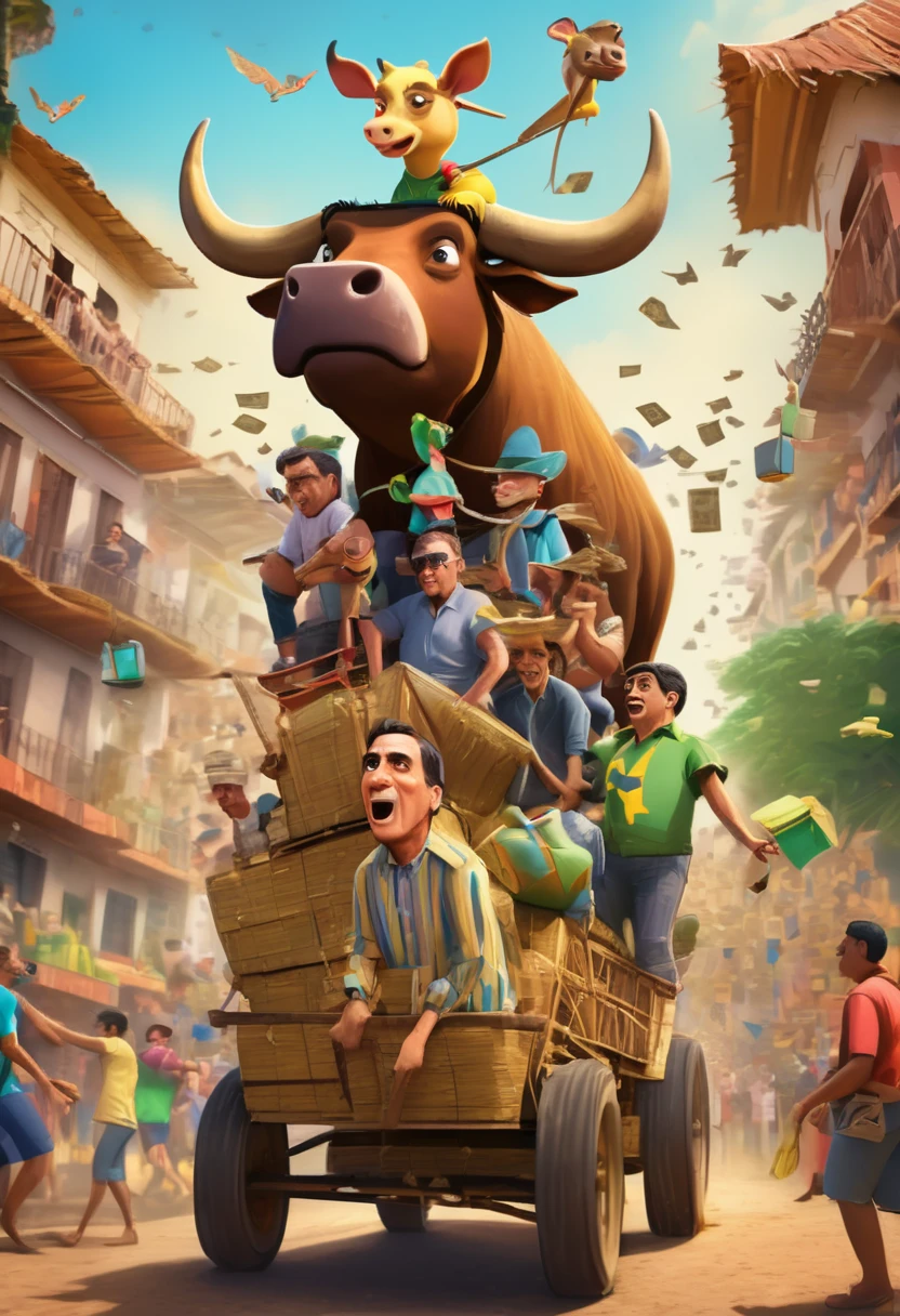 there is a man with a Jair Bolsonaro face on top of an ox pulling a cart with hanging suitcases full of money with people riding in it, by Rafael Ritz, by Robert Combas, por Zoltan Boros, by Carlos Berlanga, memes, by Ignacio Zuloaga, by Rodolfo Amoedo, by Veno Pilon, by Milton Menasco, by Américo Makk, by Hirosada II