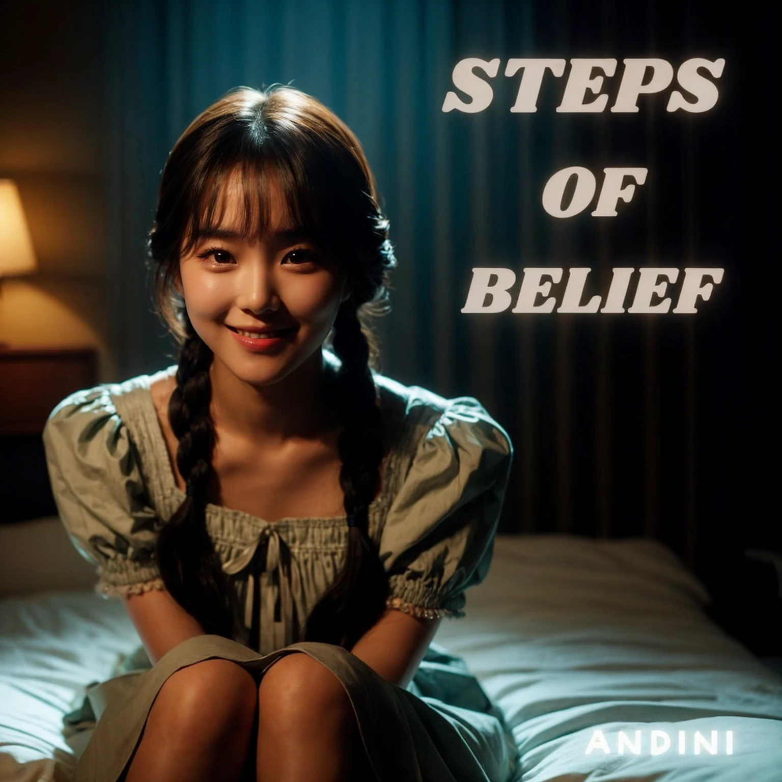 close up A young Korean woman in a dress sits on a bed, propped up, smiling at the camera. Her hair is styled in two braids with bangs. The dim lighting creates a calm bedroom atmosphere, with the spotlight focused on her. The shot is vivid and captures the essence of a cinematic masterpiece in HDR.