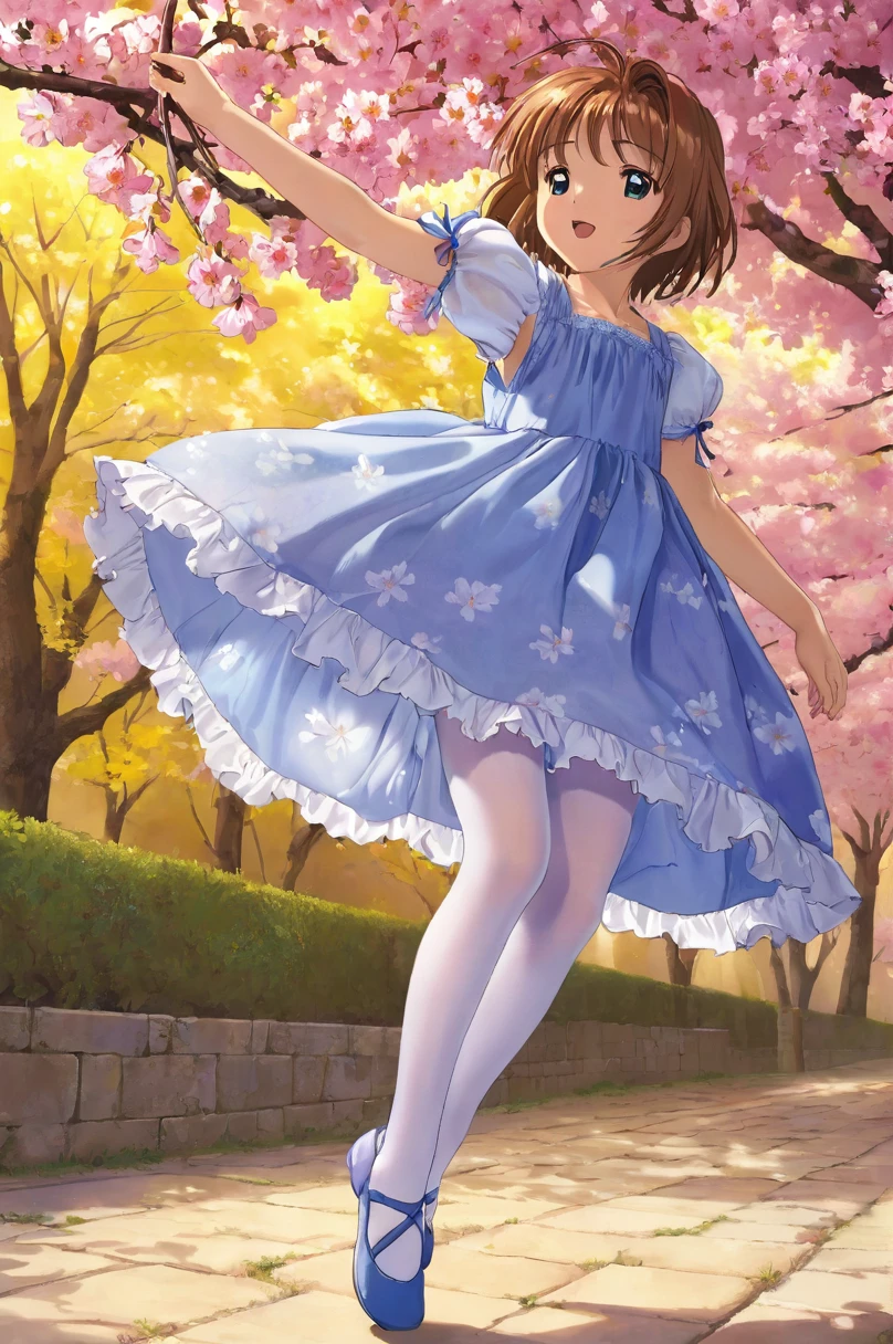 10 year old girl underwear, Sakura Kinomoto、Realistic bloomers made from patterned cotton fabric, Medieval one-piece dress with panniers, Fabric Realism, Low - Angle, I see bloomers, Pull up the dress by hand, Strong winds, Translucent slip, Translucent slip, tights, Highest quality,  whole body