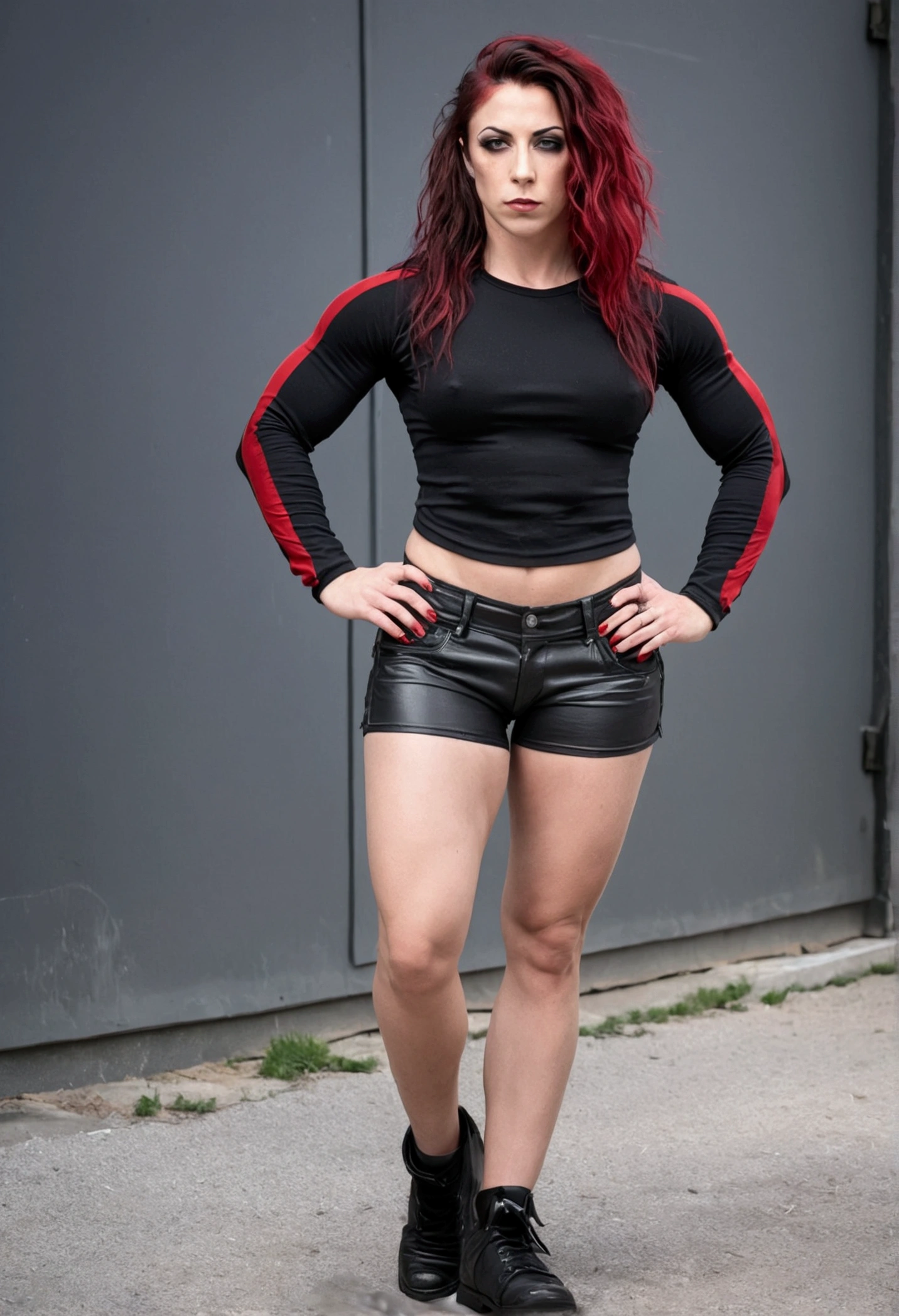 Goth muscular adult woman with little breasts and a lot of ass wearing shorts and a black shirt with brown wavy hair with a red streak, facing forward