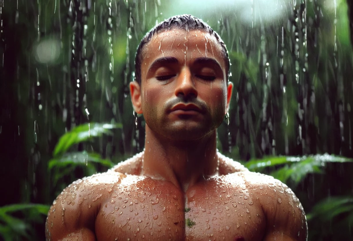 a man meditating peacefully under the rain, forest background, detailed face, beautiful detailed eyes, beautiful detailed lips, extremely detailed face, longeyelashes, beautiful detailed skin, beautiful muscles, hyper realistic, volumetric lighting, dramatic cinematic lighting, dramatic lighting, moody lighting, dramatic shadows, realistic rain, dense forest, lush vegetation, detailed foliage, photorealistic, 8k, best quality, masterpiece