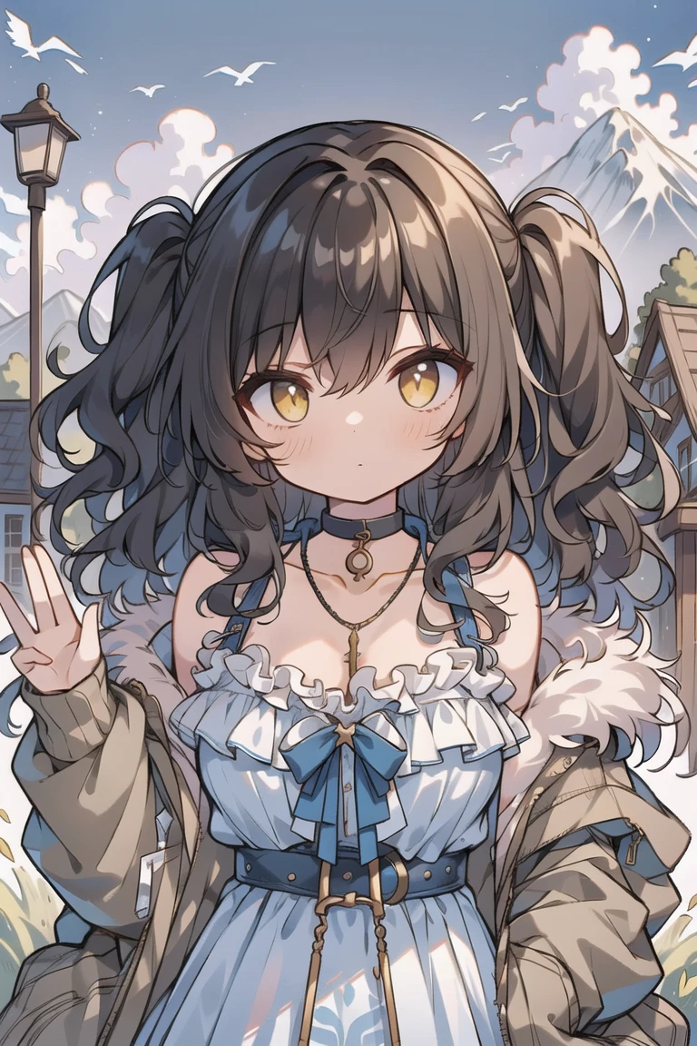 (masterpiece:1.2), (high quality:1.2), girls with((black hair, yellow eyes, (wavy long hair, one side up:1.52), bare shoulders, breasts, choker, cleavage, coat, collar, collarbone, cowboy shot, dress, blue clothes, camisole, (rosary, rosary choker, cross:0.7), necklace, fur, fur collar, fur trim, hood down, hooded jacket, hoodie, jacket, large breasts, long hair, long sleeves, black belt, suspenders, medium breasts, medium hair, necklace, open clothes, open hoodie, sleeveless, solo, winter clothes, zipper, cleavage, upper body, hand up, waving, palm)), background with((architecture, blue sky, bush, castle, village, no humans, cloud, cloudy sky, day, field, garden, grass, hill, house, lamppost, landscape, mountain, mountainous horizon, nature, no humans, outdoors, scenery, shrine, sky))