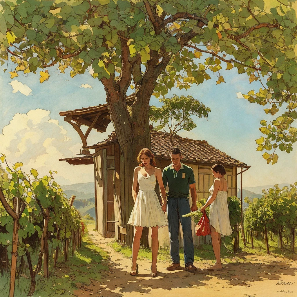 full body view, naked man and woman with shaved pussy work in a vineyard on a hillside, Rustic village in Transylvania nestled in a valley, color pencil drawing, Andrew Loomis approach, woman and man run on flotsam by the sea on beach in summer, full body shot, highly detailed linework reminiscent of Carne Griffiths, imbued with Wadim Kashim's bold color and texture, light and airy as Carl Larsson's compositions,