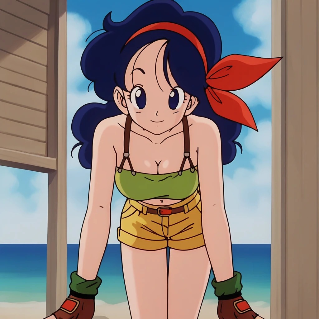 source_anime, score_9, score_8_up, score_7_up, anime screencap, high quality, launch good, 1girl, solo, blue hair, breasts, fingerless gloves, shorts, leaning forward, press breasts together, looking at viewer, looking up, smile,  blue eyes, cleavage, green crop top, long hair, sky, cloud, curly hair, blue sky, midriff, day, big breasts, outdoors, brown gloves, ribbon, short shorts, red hairband, bare shoulders, collarbone, yellow shorts, shirt, red footwear, green legwear, eyelashes, seaside