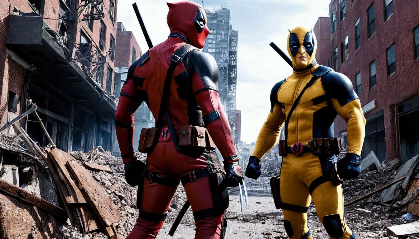 Very detailed,Deadpool and Wolverine,Fantastic Four,Intricate details,Collapsed streets,of war
